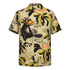 A short-sleeved shirt featuring a vibrant monkey and banana print in yellow and black, with a logo present.