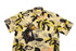 A short-sleeve shirt featuring a playful banana and monkey print in yellow and black tones on a beige background.