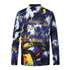A colourful sports jumper featuring a vibrant design with blues, blacks, and yellows, and a logo on the back.
