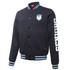A navy baseball jacket featuring a logo and "SENIORS" text on the sleeve, with blue striped detailing.
