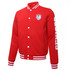 A red varsity jacket featuring a logo on the chest and white striped details on the collar and sleeves.