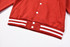A red varsity jacket featuring a white striped waistband and pockets, designed without any visible branding.