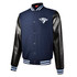 A navy letterman jacket with black sleeves and a logo on the chest. Features striped collar and cuffs.
