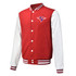 A red and white custom-made letterman jacket featuring a logo on the chest and striped cuffs.