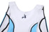 A white rowing uniform suit with blue accents and a logo on the front. The design features a snug fit with no sleeves.