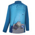 A blue long-sleeve fishing jersey featuring fishing gear graphics and a logo at the back.