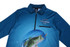 A long-sleeved fishing jersey in blue featuring a fish design and a zippered pocket, with a logo.
