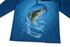 A blue long-sleeve jersey features a fish design with water splashes, along with a logo.