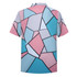 A multi-coloured short-sleeved shirt featuring a geometric pattern in pink, blue, and grey with a black outline.