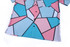 A short-sleeved shirt featuring a geometric pattern in pink, blue, and lilac colours with a pocket and buttons.