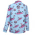 A light blue shirt featuring a playful pattern of rabbits, circles, and branding, with long sleeves and a collar.