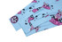 A blue shirt with a playful print featuring pink bunnies, checkers, and circular designs. It has a buttoned cuff detail.