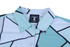 A custom shirt featuring a geometric pattern in light blue and black, with a pointed collar and buttoned front.