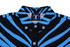 A black shirt with blue and black striped patterns, featuring a collar and button details, along with a logo.