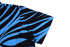 A blue and black patterned shirt featuring a bold zebra stripe design on the sleeve. The shirt has a logo.