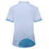 A light blue shirt featuring a teal design and a logo. The shirt has short sleeves and a collar.