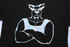 A black T-shirt featuring a bold, stylised graphic of a muscular figure with crossed arms.