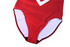 A red swimming one-piece with a smooth texture and a white logo, featuring a high-cut leg design.