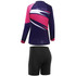 A swimming coat with long sleeves in navy blue, pink, and white, paired with black shorts. Features a logo.