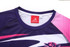 A purple and pink swimming coat with a logo, featuring a high collar and short sleeves.