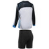 A swimming instructor uniform featuring a long-sleeve top in white, black, and blue, paired with black shorts.