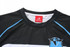 A black swimming instructor uniform with blue accents, featuring an owl logo and a tag.