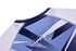 A swimwear garment in shades of blue and white, featuring a modern geometric pattern and a logo on the back.