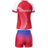 A red and white women's swimming suit with a gradient blue short, featuring a logo on the back.