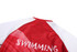 A red and white swimming garment with a logo, featuring a high neck and short sleeves.
