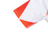 A swimming suit featuring a vibrant orange and white design, with a branded logo on the fabric.