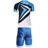 A blue and black sports uniform with a sleek design, featuring a logo, includes a short-sleeve top and matching shorts.