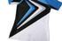 A sports uniform featuring a black, white, and blue design with a logo at the bottom.