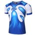 A blue and white swim shirt featuring a stylised design and a logo on the front.