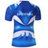 A blue swim shirt featuring a wave design and a logo on the back. The shirt has short sleeves.