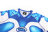 Blue and white swimwear featuring a vibrant design and a logo on the front.