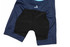 A speed skating suit in navy blue and black, featuring a logo and a fitted design for performance.