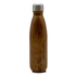 A drink bottle featuring a sleek wooden design with a stainless steel cap. It has a smooth, curved shape.