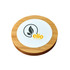 A round bamboo wireless charger with a white centre and a leaf logo in black and yellow.