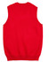 A red women's v-neck vest with a sleeveless design and ribbed hem, featuring a logo.
