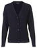 A women's black 100% Merino wool long-sleeve cardigan with a button front and v-neck design. It features a logo.