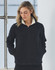 A ladies polar fleece jacket in black with a white fleece-lined collar, featuring a zip front and side pockets.