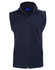 A navy polar fleece vest with a high collar and a front zip, featuring no sleeves and a logo on the chest area.