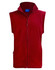 A red polar fleece vest with a zip front and a collar, featuring side pockets and a logo.