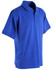 A unisex polo shirt in bright blue, featuring a collar and three button placket, with a logo on it.