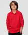 A red long sleeve polo shirt for kids, featuring a collar and a logo on the chest.