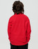 A red long sleeve polo shirt for kids, featuring a simple design and a logo on the back.