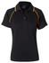 A black polo shirt with orange accents and a collar, featuring a logo on the chest.