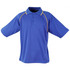 A blue men's polo shirt with short sleeves and yellow piping, featuring a collar and three buttons.