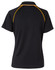 A black short-sleeve polo shirt with yellow raglan stitching and a logo on the back.