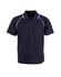A black polo shirt with white accents and a three-button collar. It features a logo on the chest.